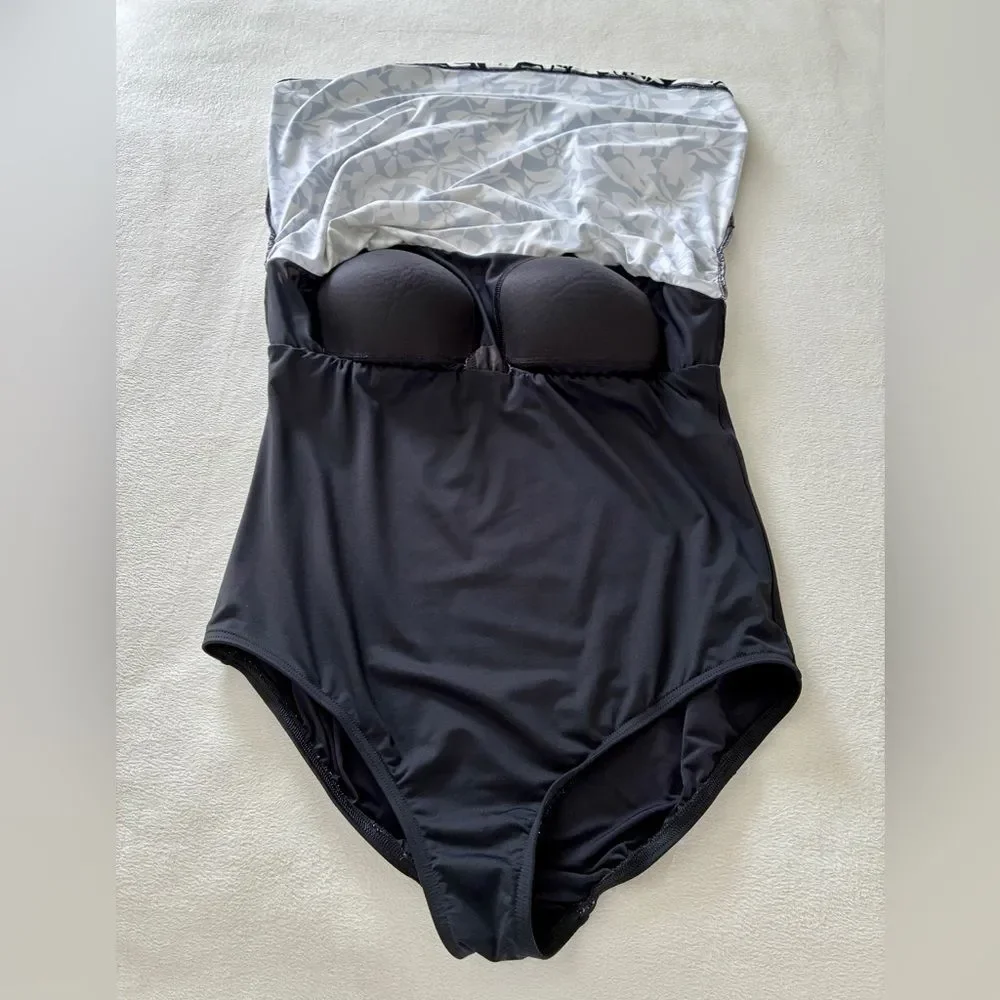 Lands’ End Swimsuit Women’s 16 One Piece Black White Floral Resort Cruise Wear